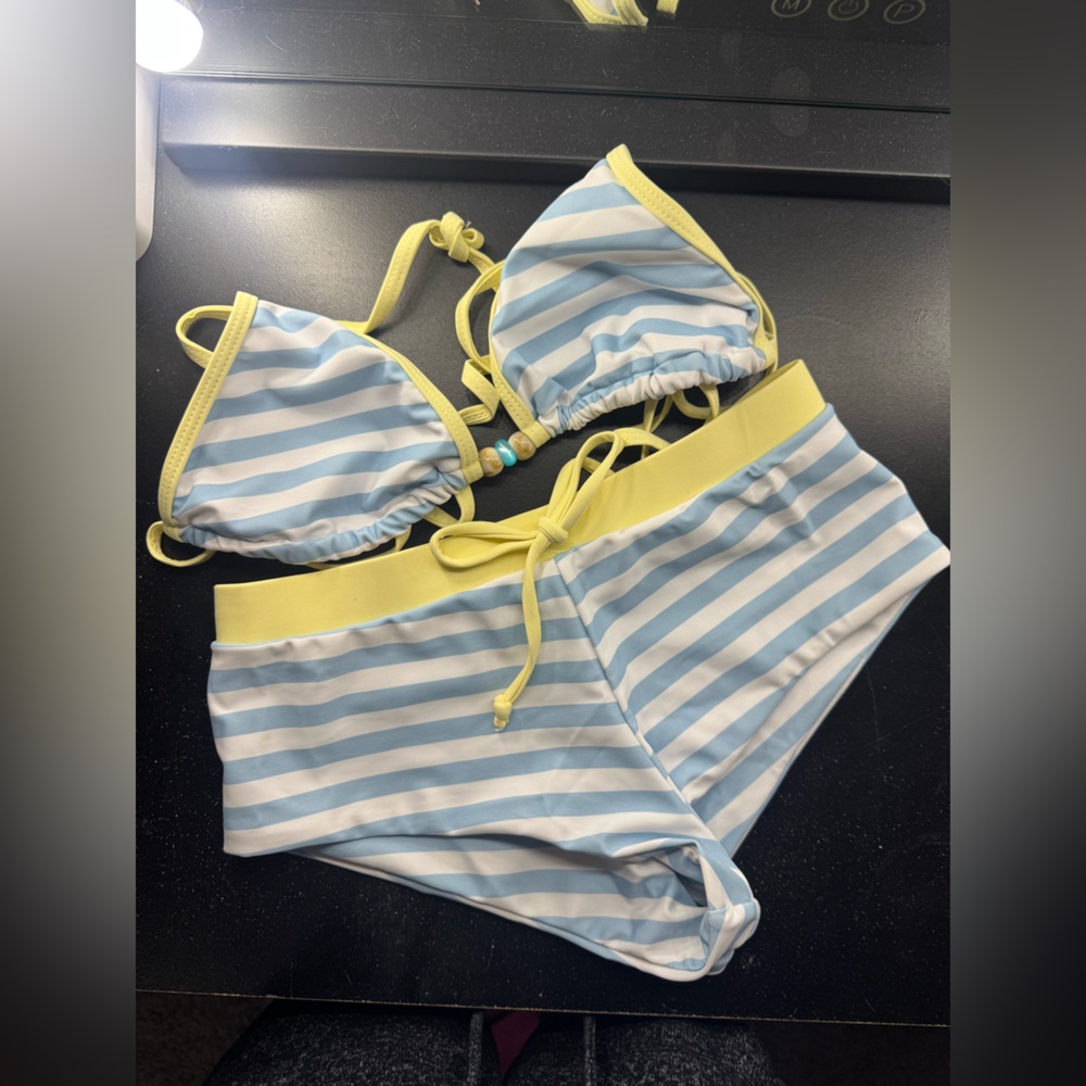 Striped Blue & White Swim Set with Yellow Trim